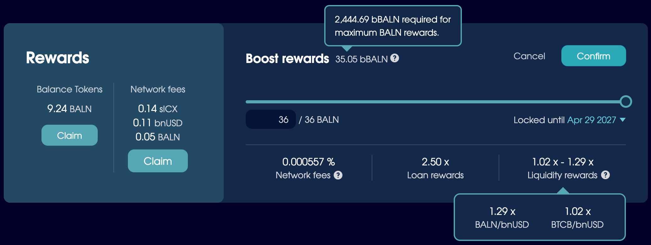 The Rewards section with Boost Rewards in an adjustable state, and BALN locked up until April 2027