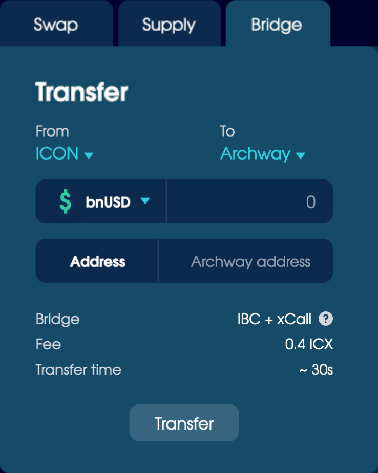 The Bridge tab on the Trade page, set to transfer bnUSD from ICON to Archway