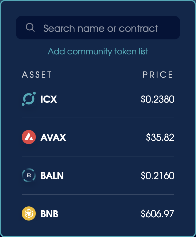The community token list option in the asset selector