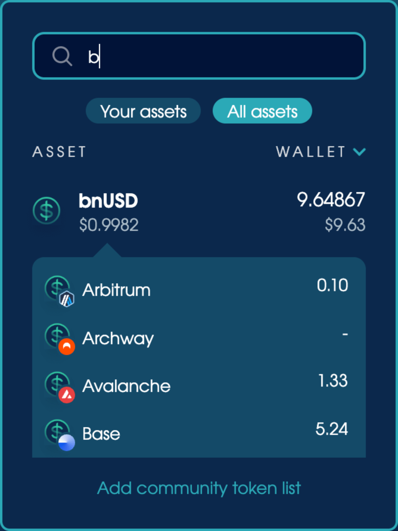 The community token list option in the asset selector