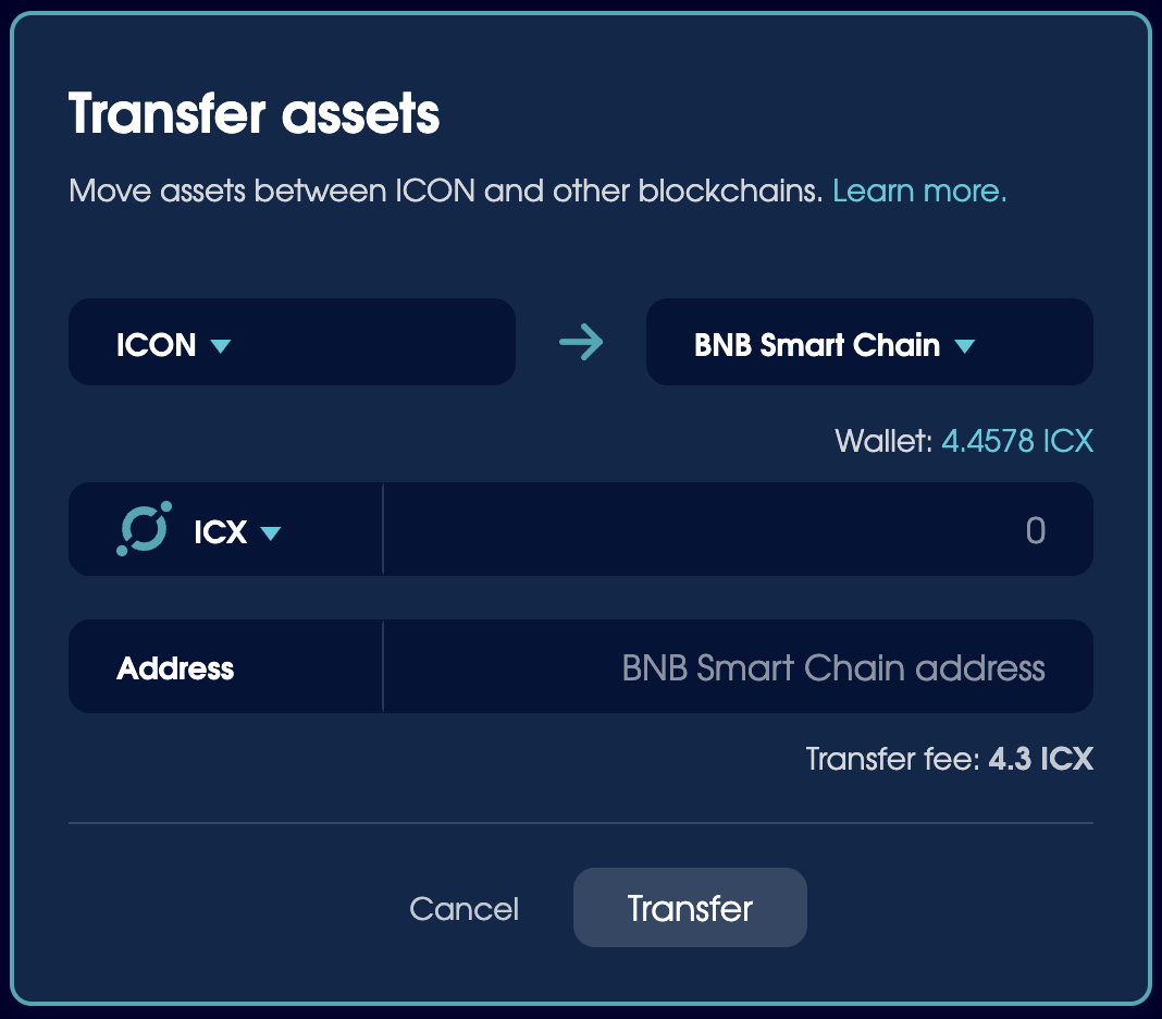 The legacy transfer modal for ICON Bridge, set to transfer ICX from ICON to BNB Smart Chain