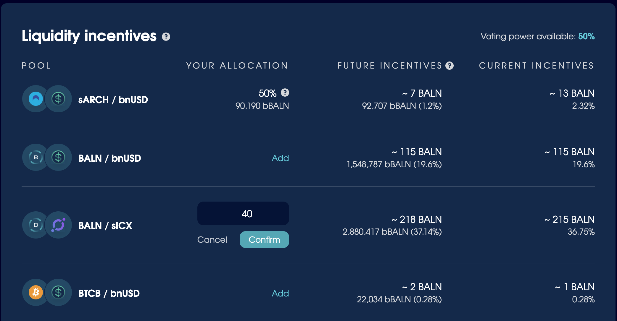 The liquidity incentives section showing the ability to add, edit, and confirm your allocation for a range of liquidity pools