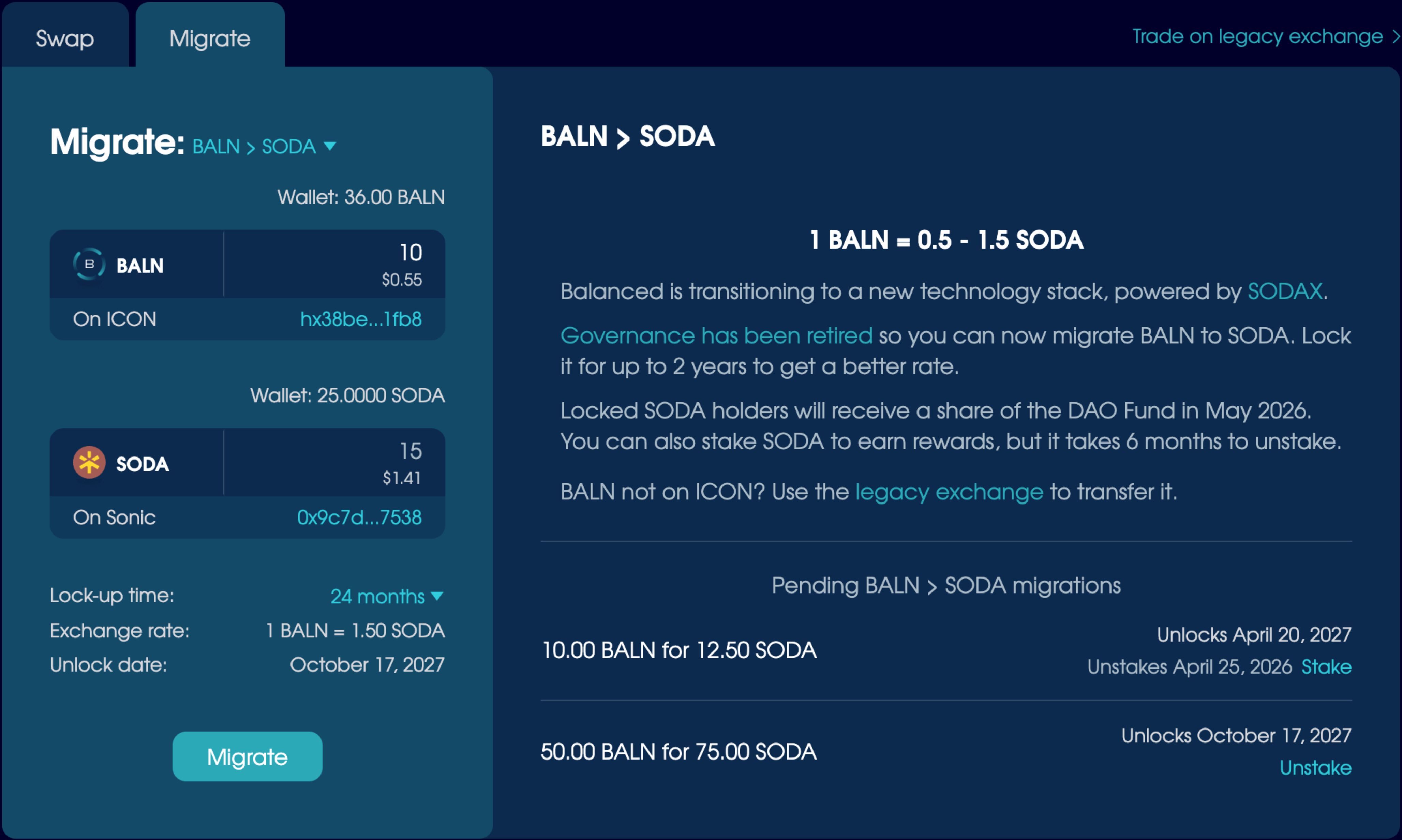 The pending BALN > SODA section, where you can see when your SODA unlocks and stake/unstake it.