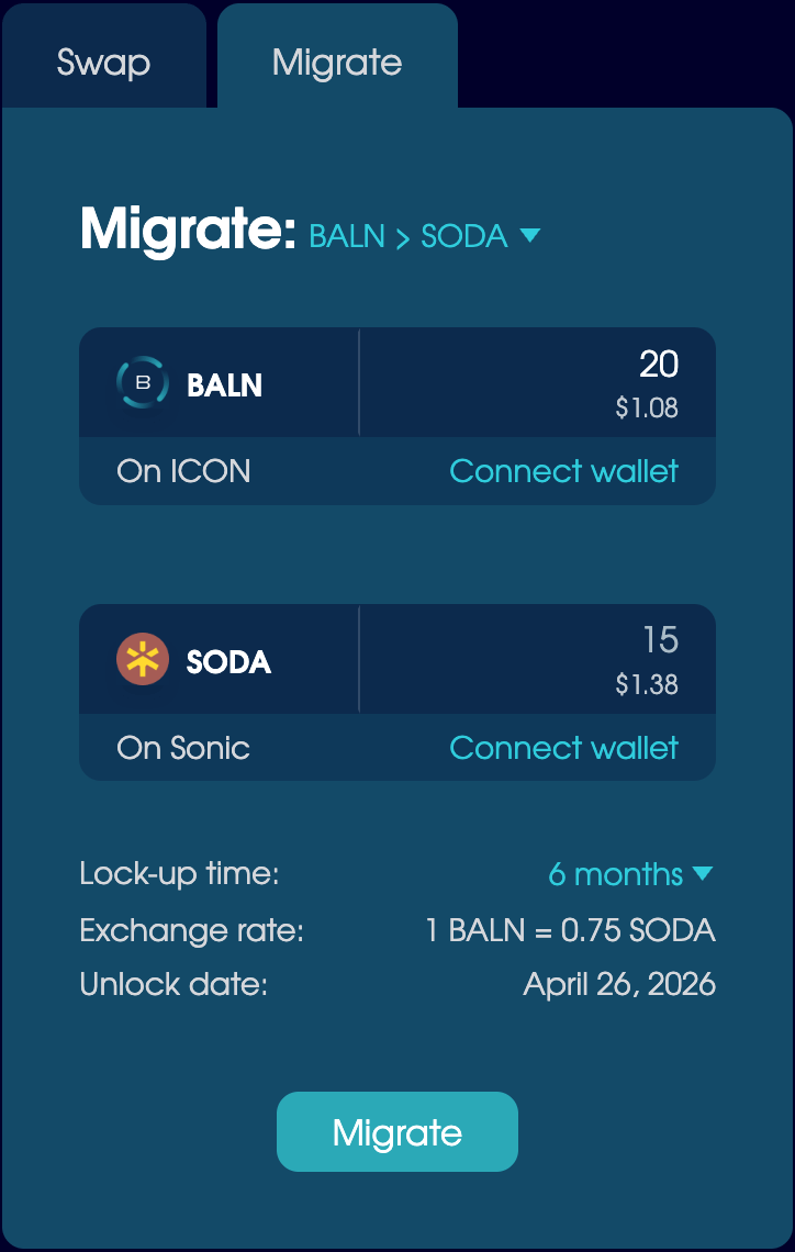 The Migrate tab set to convert BALN to SODA