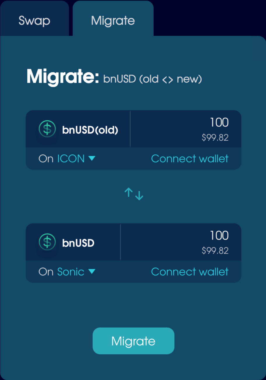 The Migrate tab set to convert bnUSD(old) to bnUSD