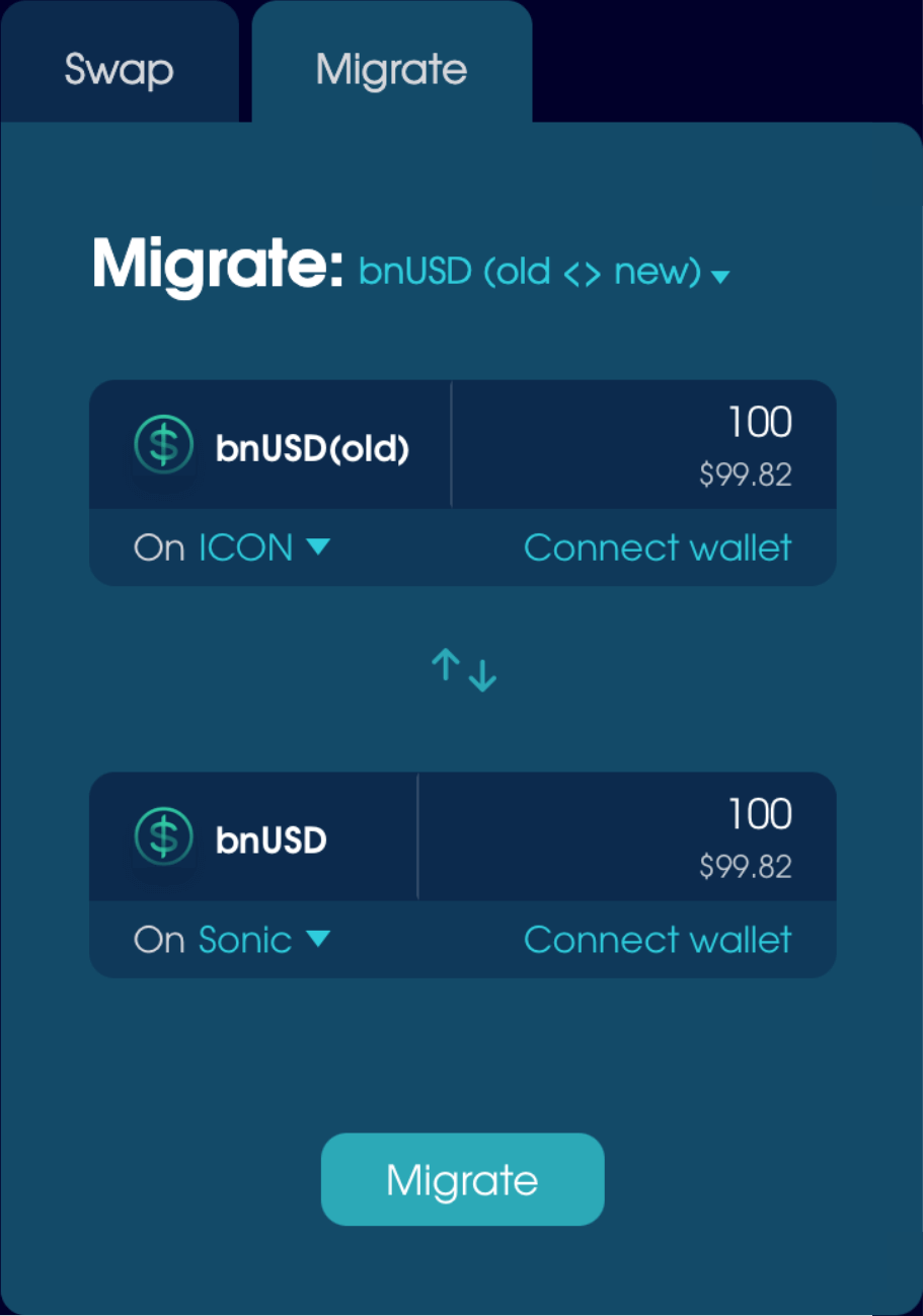 The Migrate tab set to convert bnUSD(old) to bnUSD