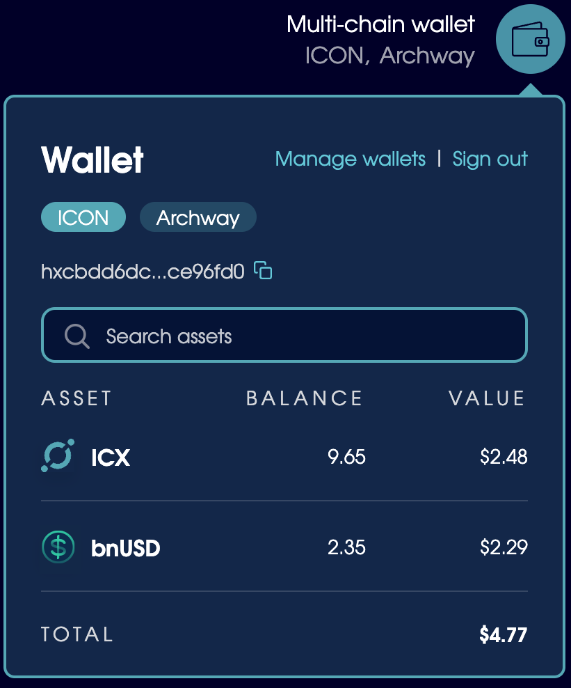The wallet dropdown with both ICON and Archway wallets connected