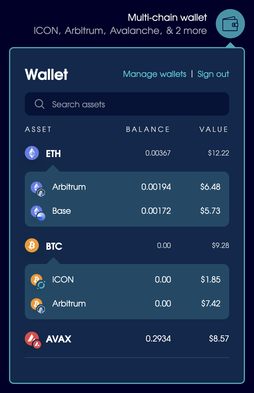 The wallet dropdown, which shows ETH, BTC, and AVAX held on multiple blockchains