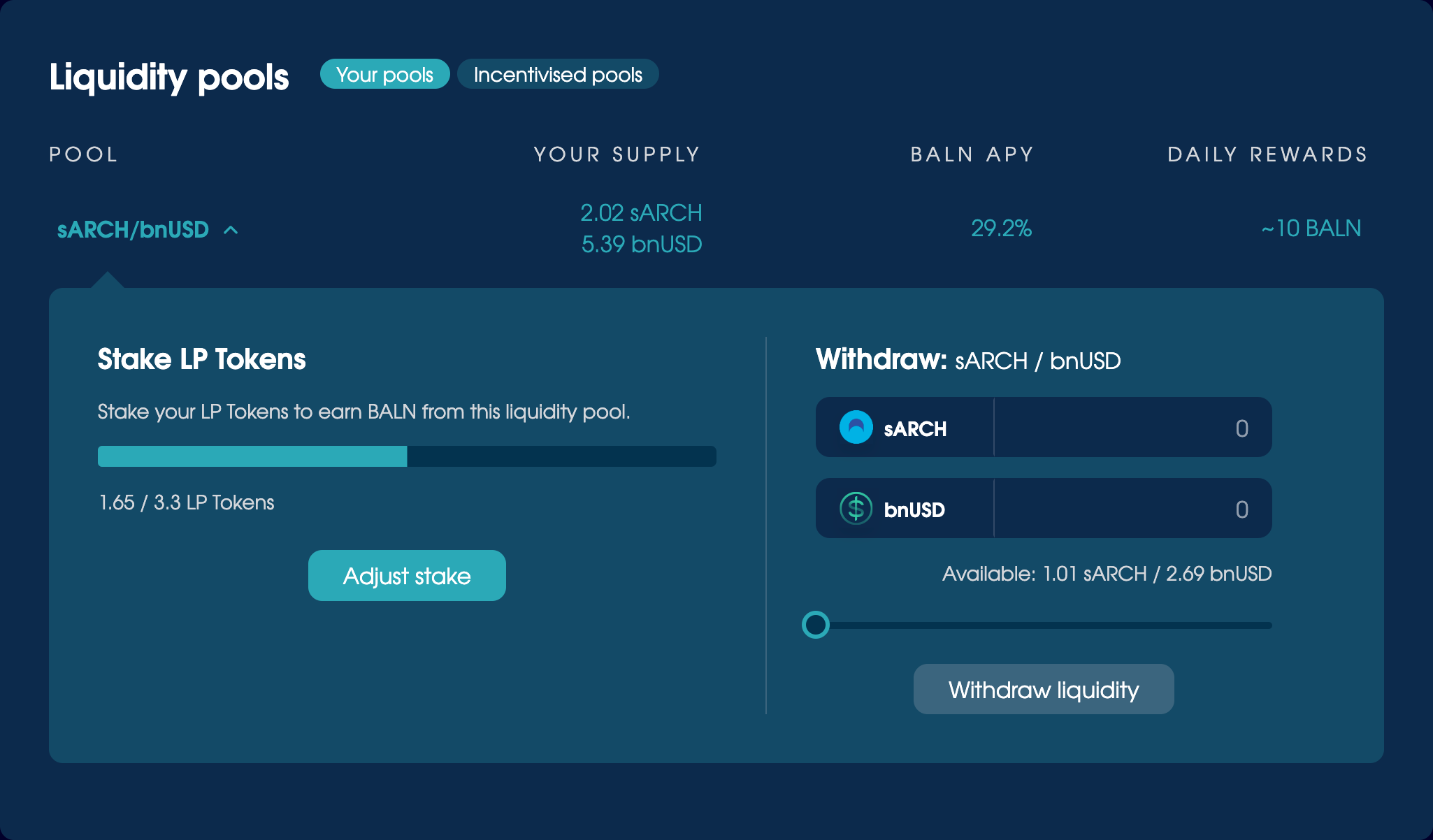 The Liquidity Pools section, set to 'Your pools' with a pool expanded to demonstrate how to stake LP Tokens