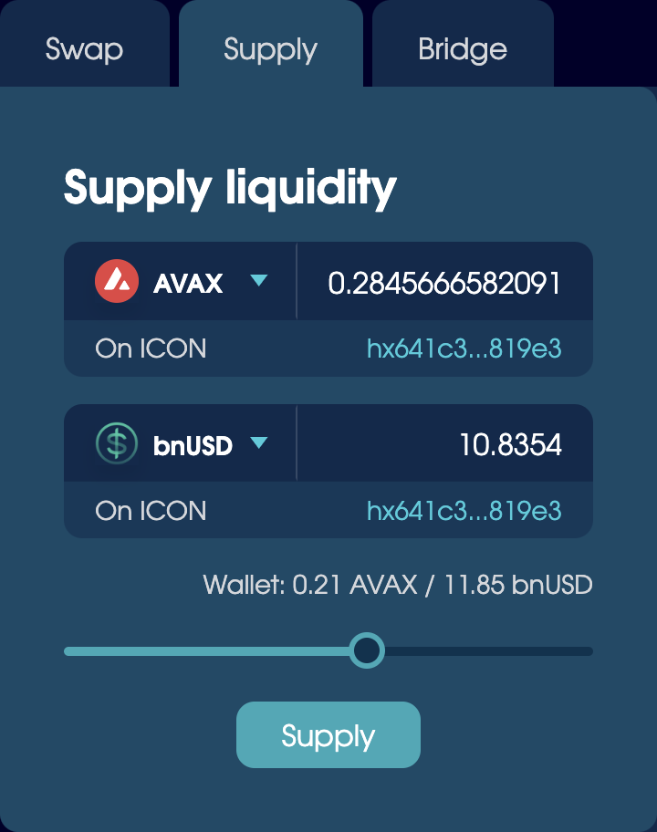 The Supply tab on the Trade page, set to supply liquidity to the AVAX/bnUSD pool