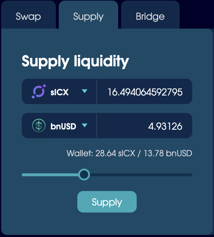 The Supply tab on the Trade page, set to supply liquidity to the sICX/bnUSD pool