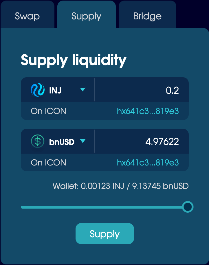 The Supply tab on the Trade page, set to supply liquidity to the sICX/bnUSD pool