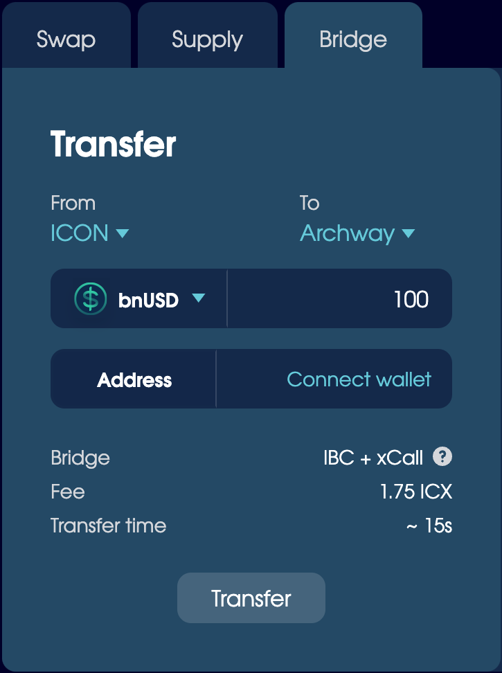 The Bridge tab on the Trade page, set to transfer bnUSD from ICON to Archway