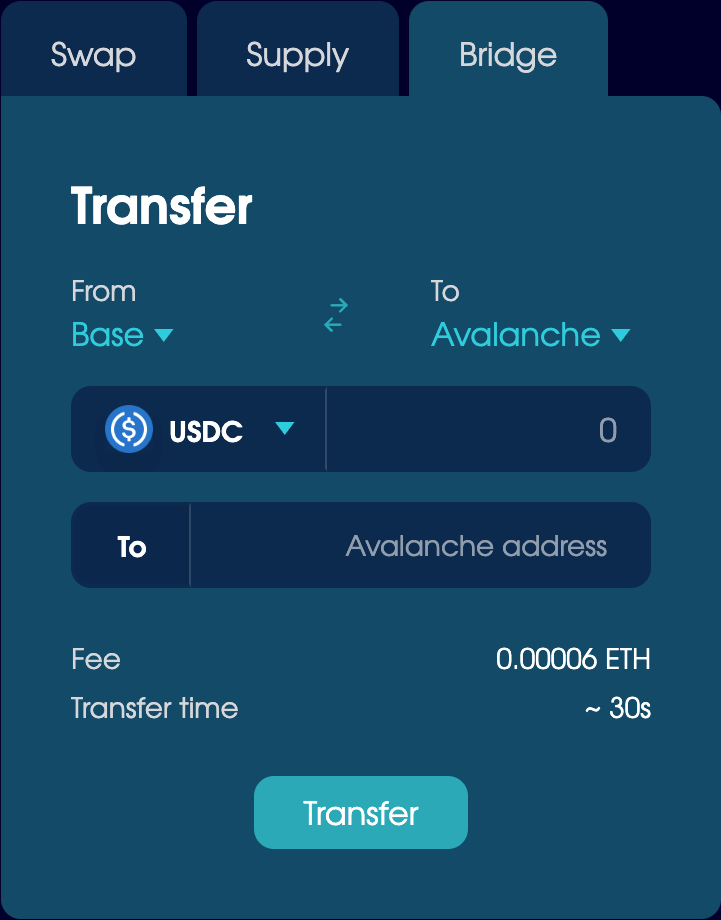 The Bridge tab on the Trade page, set to transfer USDC from Base to Avalanche