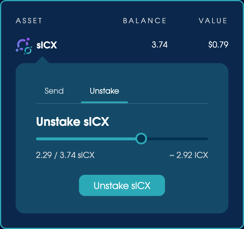 The wallet dropdown with sICX active to reveal the Unstake tab