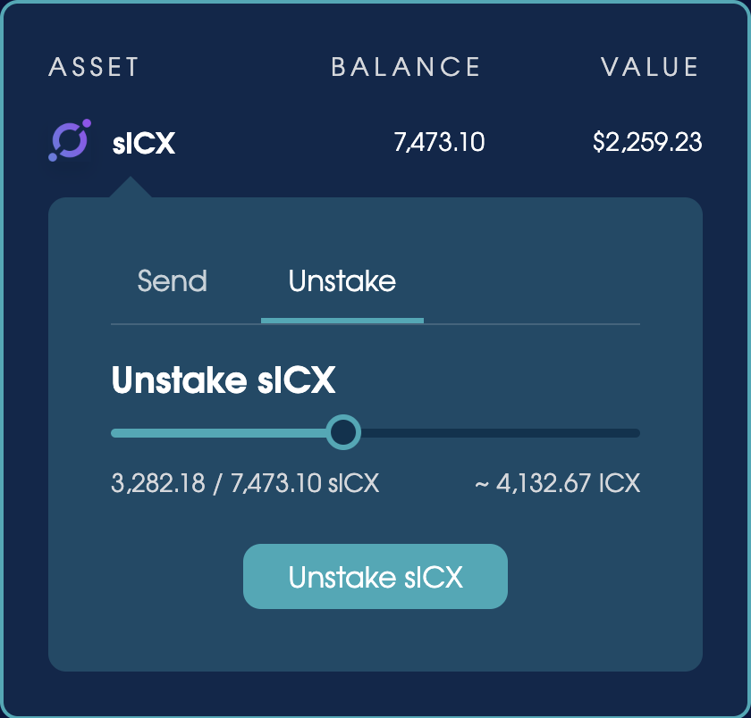 The wallet dropdown with sICX active to reveal the Unstake tab