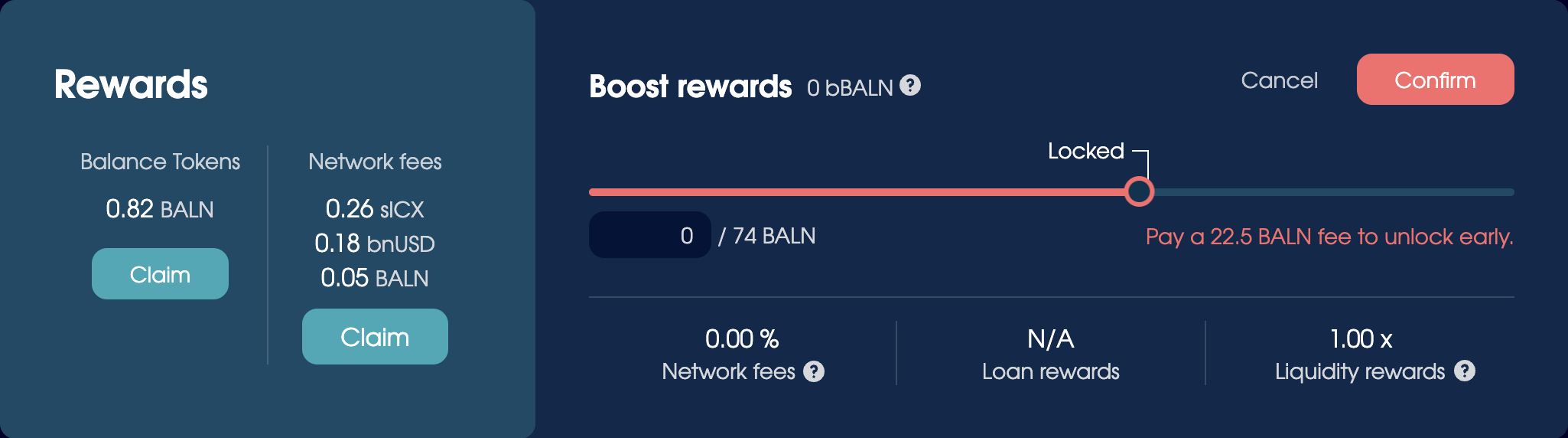 The Rewards section with Boost Rewards in an adjustable state, with the amount reduced to expose the 'withdraw early' warning