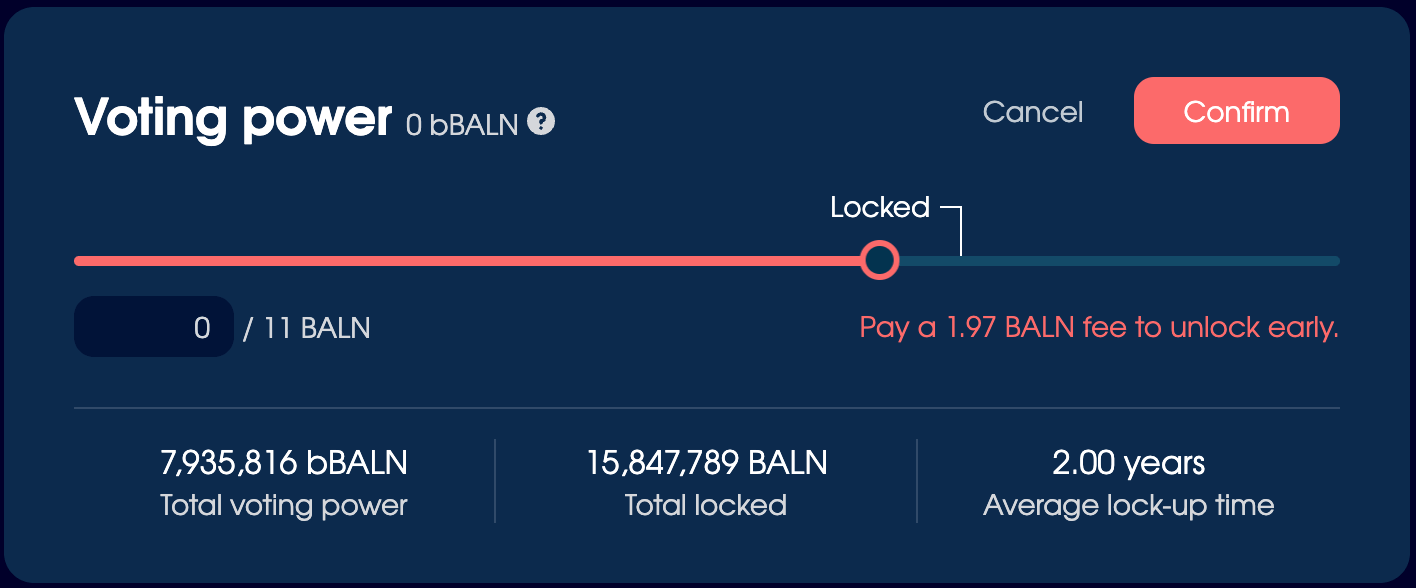 The Voting Power section in an adjustable state, set to be less than the Locked amount to expose the 'withdraw early' warning.